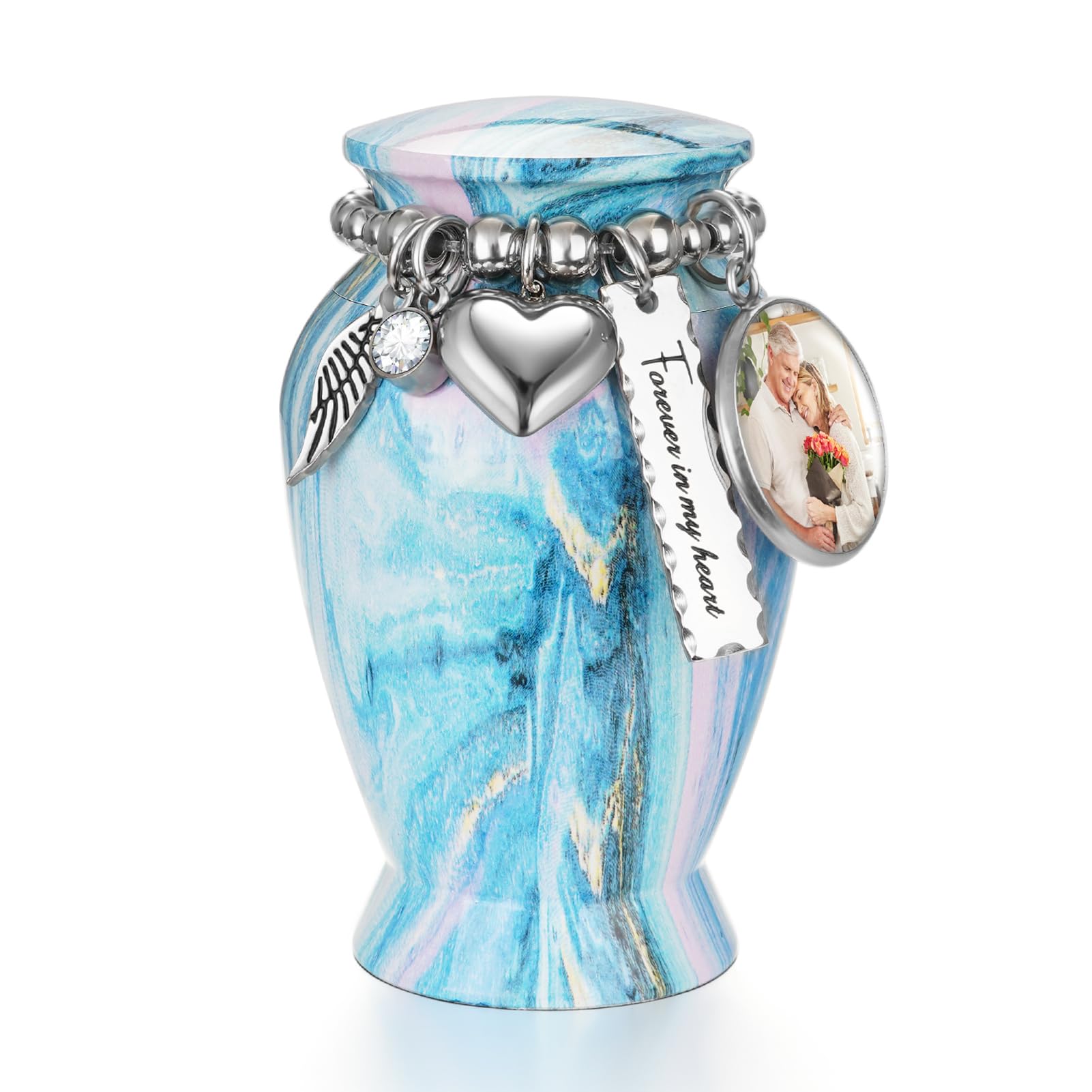 Dletay Personalized Small Urns for Human Ashes Keepsake 2.85 Inch Memorial Mini Cremation Urn for Women Men Aluminum Decorative Funeral Urns - Ocean Blue