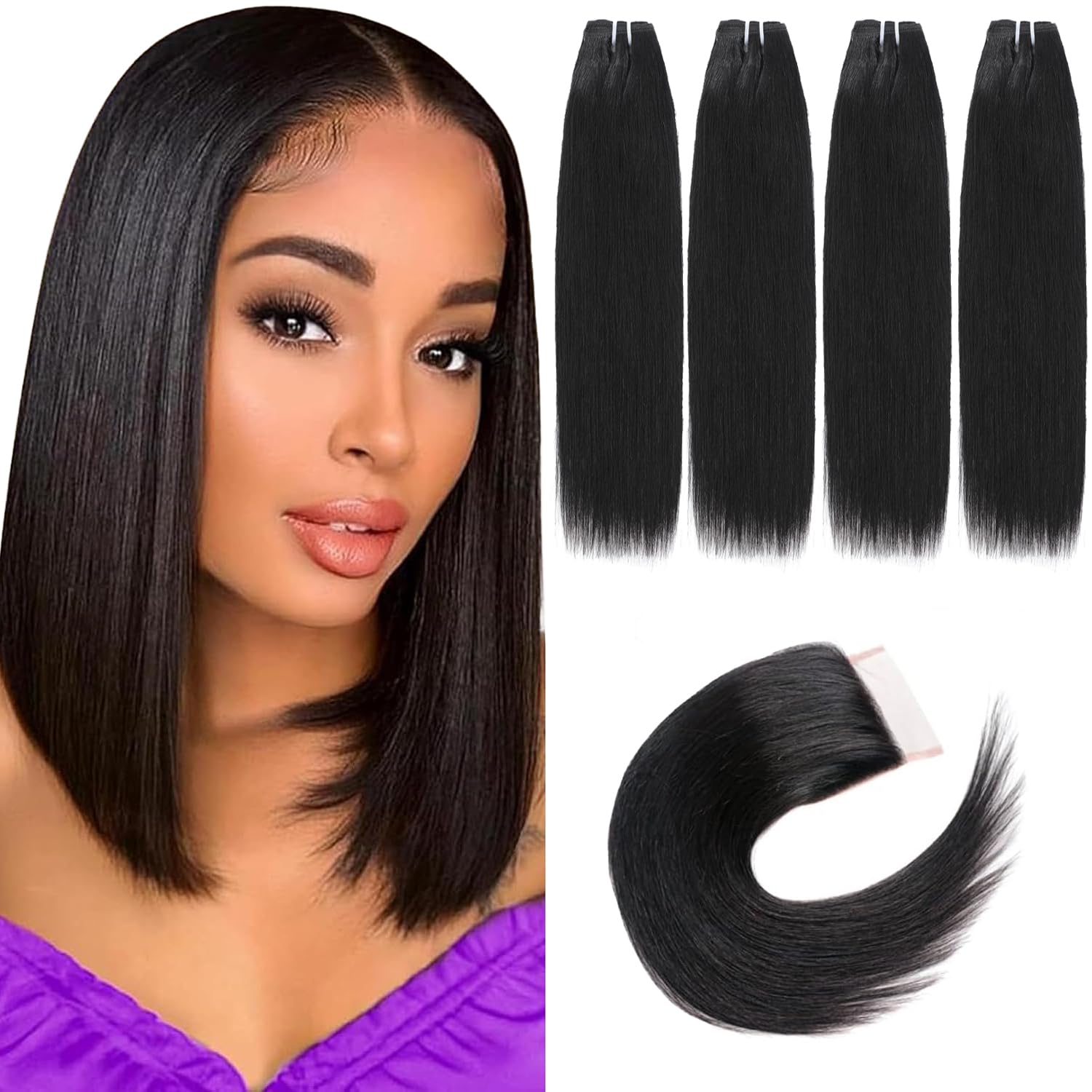 14 Inch Brazilian Straight Virgin Human Hair Extensions - 4 Bundles With Closure, 10A Unprocessed, 50g/Pcs, Natural Color (14 14 14 14 With 14 Closure