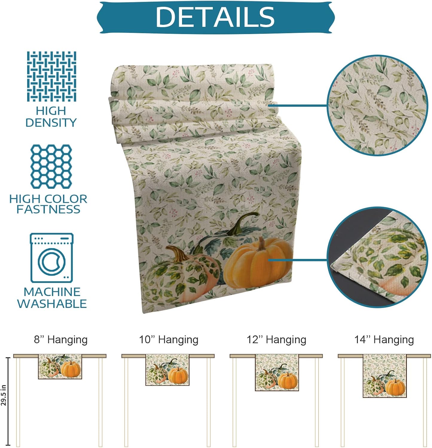Table Runners 90 inches Long, Fall Thanksgiving Pumpkin Green Eucalyptus Leaves Table Runner Farmhouse Dresser Scarves,Decortaive Table Runner Cover for Dining Coffee Table Holiday Party Wedding