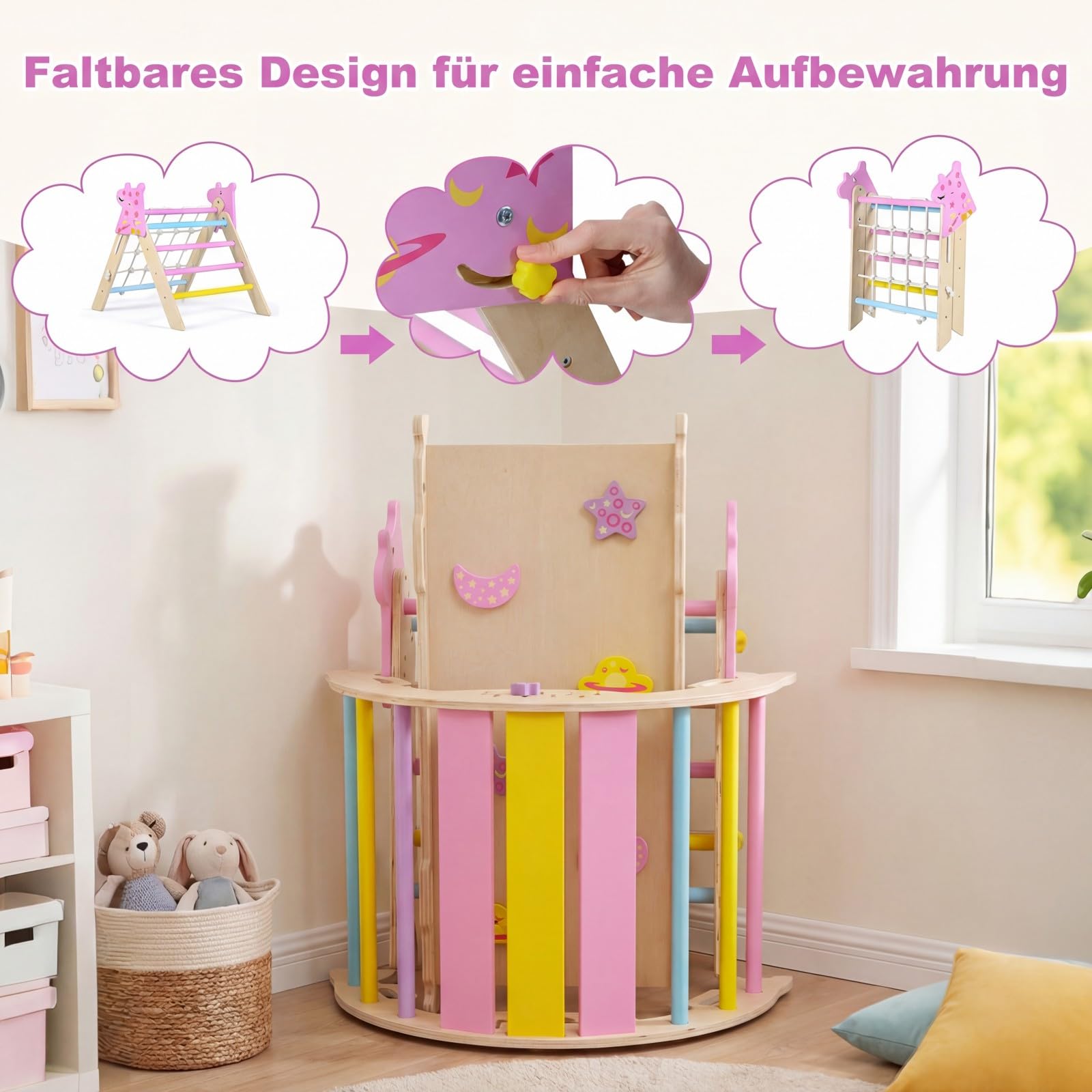 GOPLUS 8-in-1 Klettergerüst Indoor, Kletterdreieck Holz, 4er Set Kletterspielzeug mit Kletternetz, Kletterbogen, Wippe & Leiter, inkl. doppelseitige Rampe & Baustein Set, Sprossendreieck für Kinder