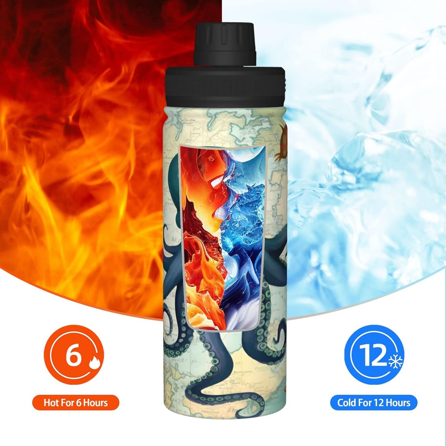 Ouqiuwa Sports Water Bottle Ocean World Octopus Insulated Stainless Steel Water Bottles, 18 oz Water Cup Flask for Fitness Outdoor Sports Gym Running