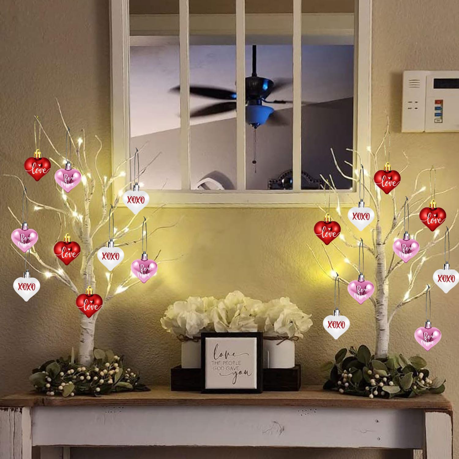 Valentine's Lighted Birch Tree Centerpiece - 24 Inch with 12 Heart Ornaments for Office, Home, Mantel & Desk Decor