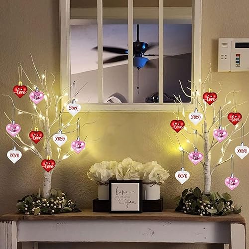 Miniatura 8 de Centro de mesa de abedul iluminado de San Valentín, 24 pulgadas con 12 adornos de corazón para decoración de oficina, hogar, mantel y escritorio