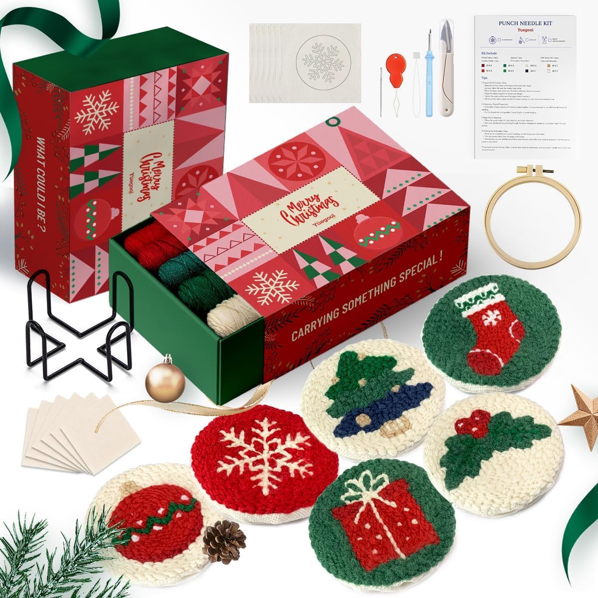 yuegool 6PCS Christmas Punch Needle Coasters Kit,Easy DIY Punch Needle Embroidery Kit for Beginners Adults Including Patterns, Tools, Yarns, Hoop, Instruction, Coaster Holder Art Craft Supplies