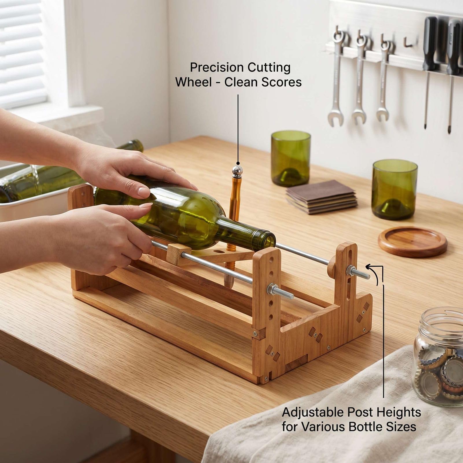 Glasflaschenschneider, Massives Kiefernholz, Rutschfest, Stabil, mit Komplettem Hardware-Zubehör und Schneidfunktion für DIY-Glasflaschen-Upcycling, Bastelherstellung.