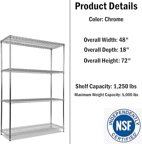 48 W x 18 D x 72 H, Kit de estantería de alambre cromado de 4 niveles  Capacidad de peso de 6,000 libras  NSF