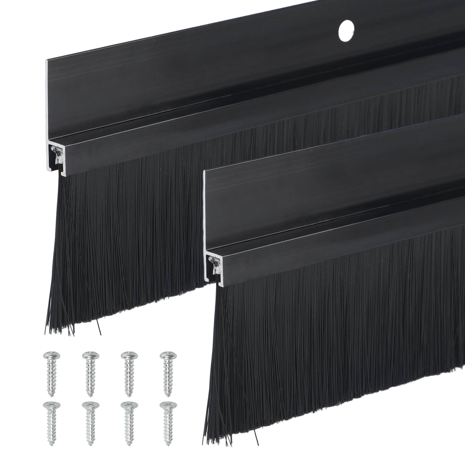 2 extra breite Türbürstendichtungsstreifen, 40 mm B x 880 mm L, silberfarbener Aluminiumrahmen mit schwarzen PP-Borsten und Befestigungsschrauben, Zugluft, staubdicht, wetterfest und