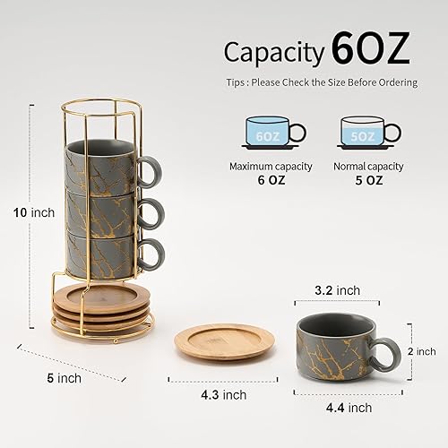 Miniatura 2 de LUKA Juego de 4 tazas apilables de porcelana de 6 onzas con platillos y soporte de metal, tazas de capuchino de cerámica para bebidas de café