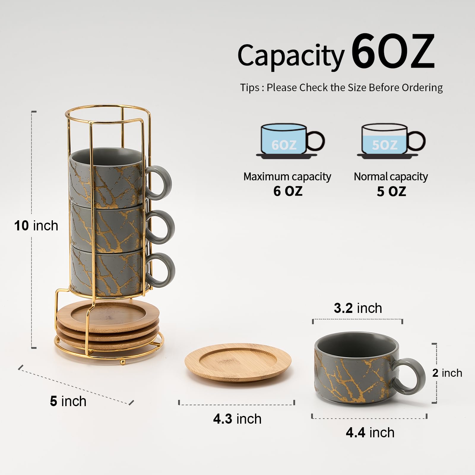 LUKA Stapelbare Espressotassen aus Porzellan mit Untertassen und Metallständer, 170 ml, 4 Stück, Keramik-Cappuccino-Tassen-Set für spezielle Kaffeegetränke, Latte, Café, Mokka und Tee, Grau