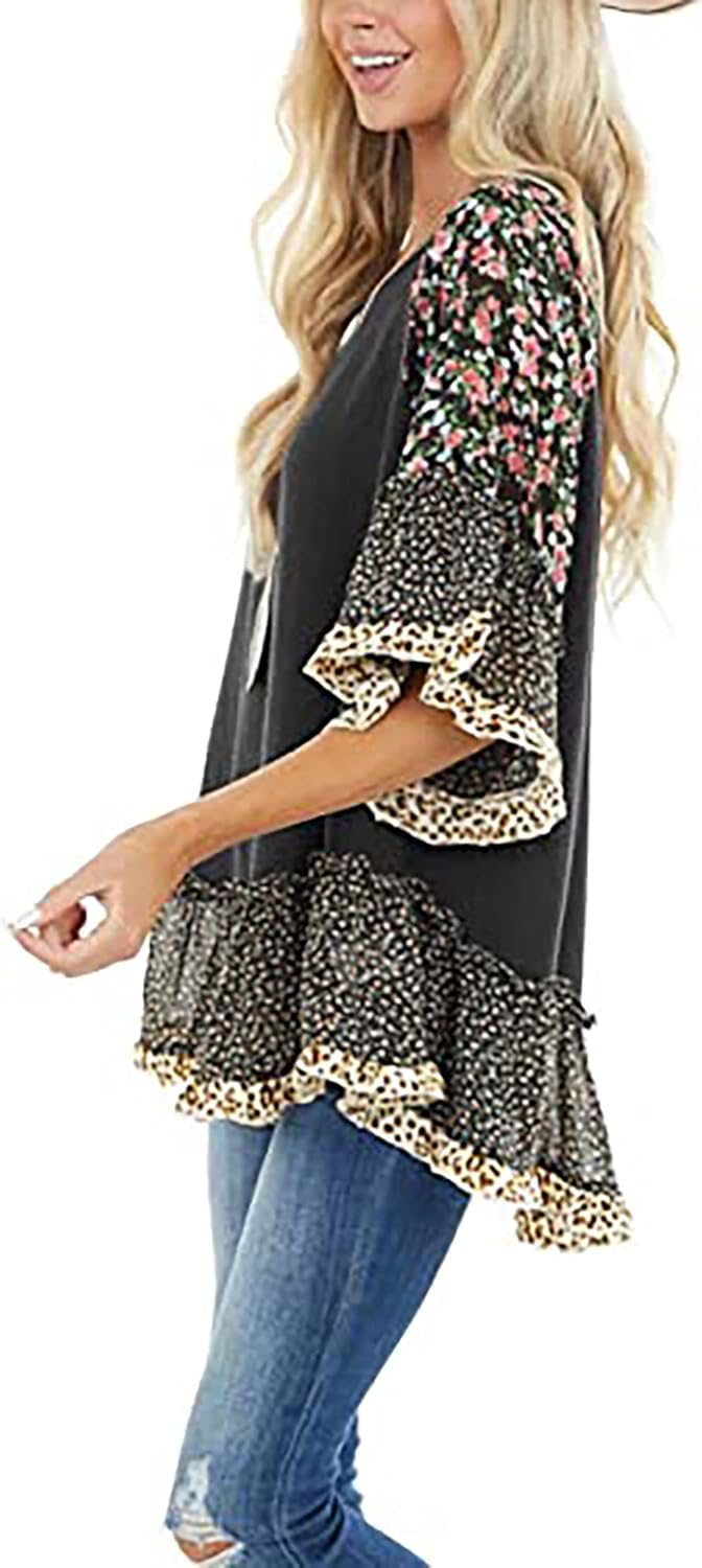 CASURESS Women's Floral Printed Ruffle 3 4 Sleeve Shirt Batwing Loose Tops Blouses Pullover - Image 2