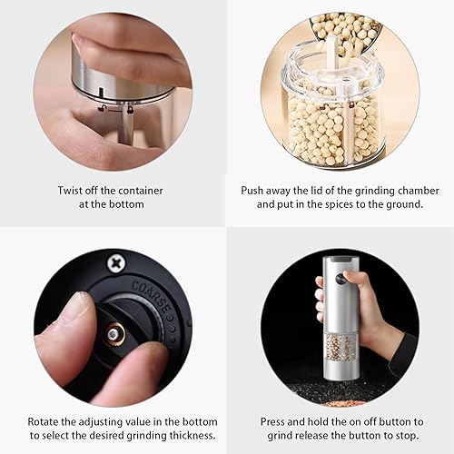 Miniatura 4 de Juego de molinillo eléctrico de sal y pimienta, funcionamiento automático con una sola mano, luz LED blanca, grosor ajustable, funciona con pilas,