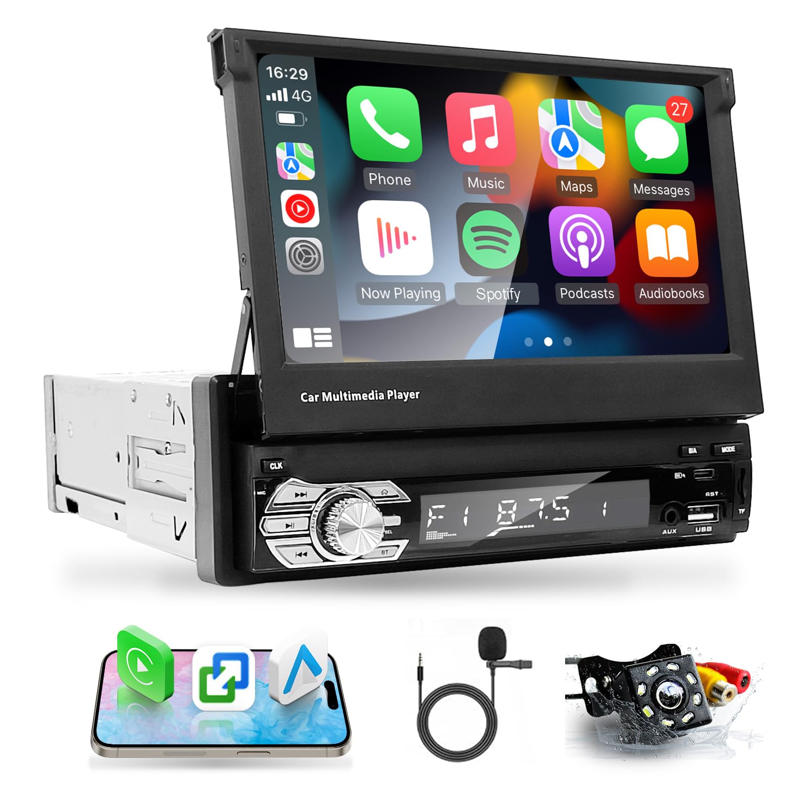 Autoradio 1 DIN Bluetooth Autoradio CarPlay Voiture avec sans Fil Carplay | 7 Pouces Écran Tactile Carplay Radio avec sans Fil Android Auto RDS FM/Microphone/USB Type C/Caméra de recul/Mirror Link/EQ