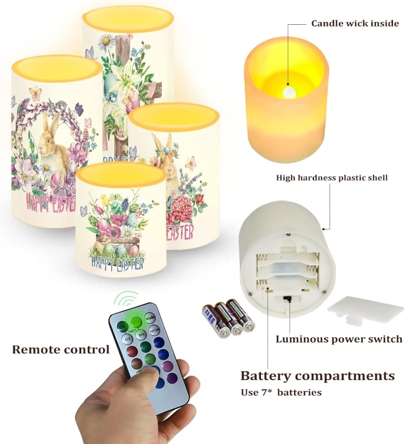 Happy Easter Flameless LED Candles Electric Candles with Remote Timer Colorful Light Control Long Lasting for Easter Day Decorations Pack of 4, Bunny Flower Butterfly Wreath, White