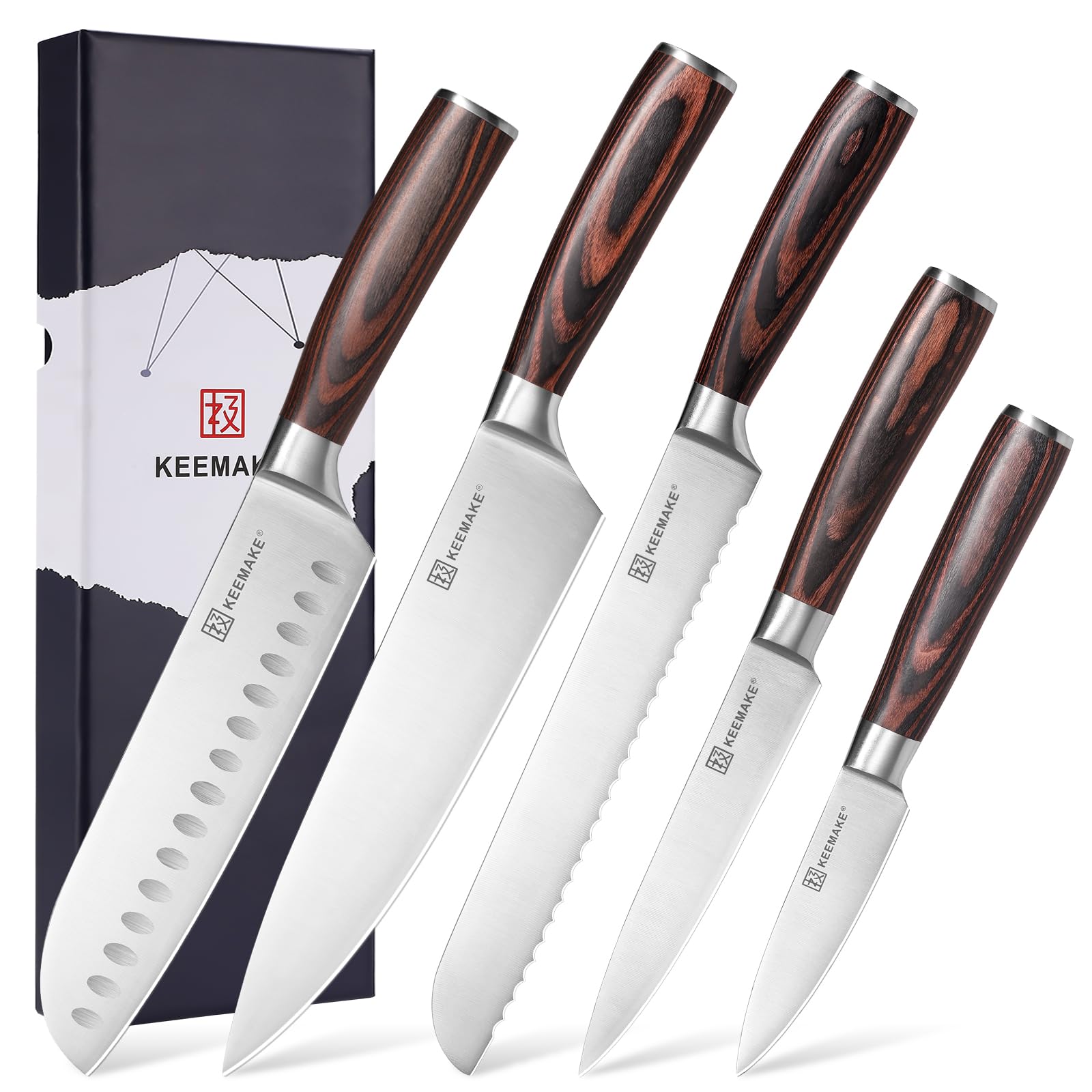KEEMAKE Set Coltelli da Cucina Professionali - Coltelli da Cucina in Acciaio Inossidabile 5 pezzi, Spelucchino Coltello Santoku Chef Pane Universale, Manico in Pakkawood