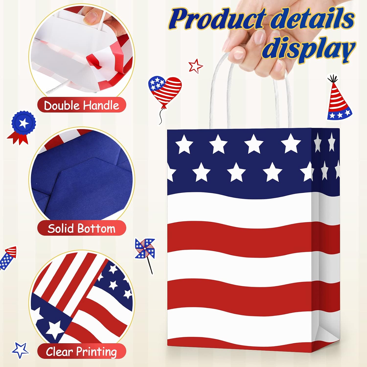 Tisancy 30 Pcs Patriotic Gift Bags with Handle with 30 Pcs Red White Blue Tissue Paper 4th of July American Flag USA Gift Bags for Veterans Memorial Day Independence Day(Classic Style)