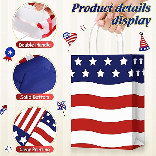 Miniatura 3 de Tisancy 30 bolsas de regalo patrióticas con asa con 30 piezas de papel de seda rojo, blanco y azul, bolsas de regalo del 4 de julio, bandera