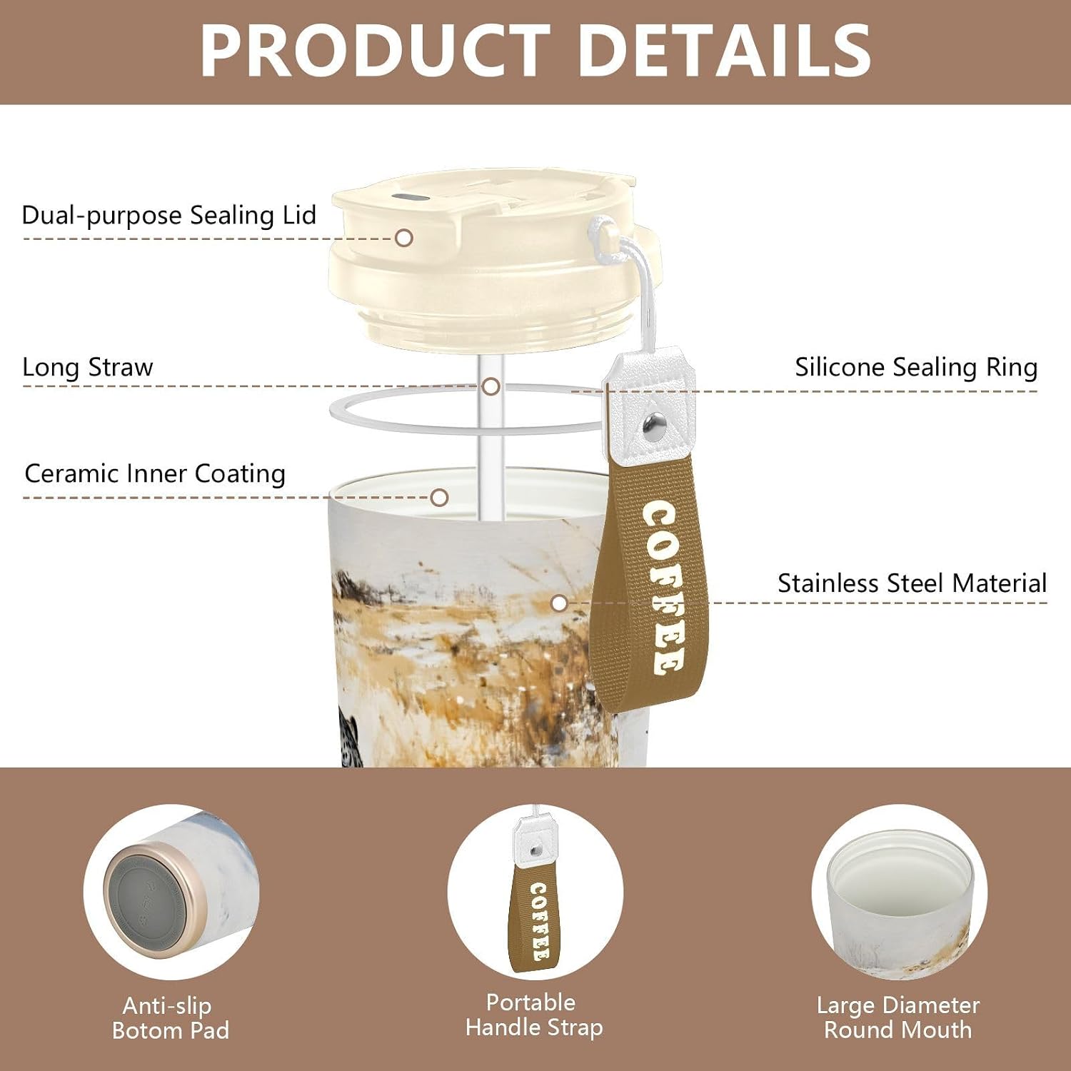 Snow Leopard Winter Insulated Coffee Mug with Straw & Flip Lid, 16.9oz Iced Tumbler Cup, Double Wall Vacuum Leak-Proof Mug for Travel Office