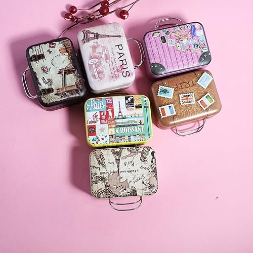 Miniatura 5 de 6 cajas de lata con tapas, pequeñas cajas de dulces, recuerdos de fiesta, cajas de maleta con asa para decoraciones de boda temáticas de viaje
