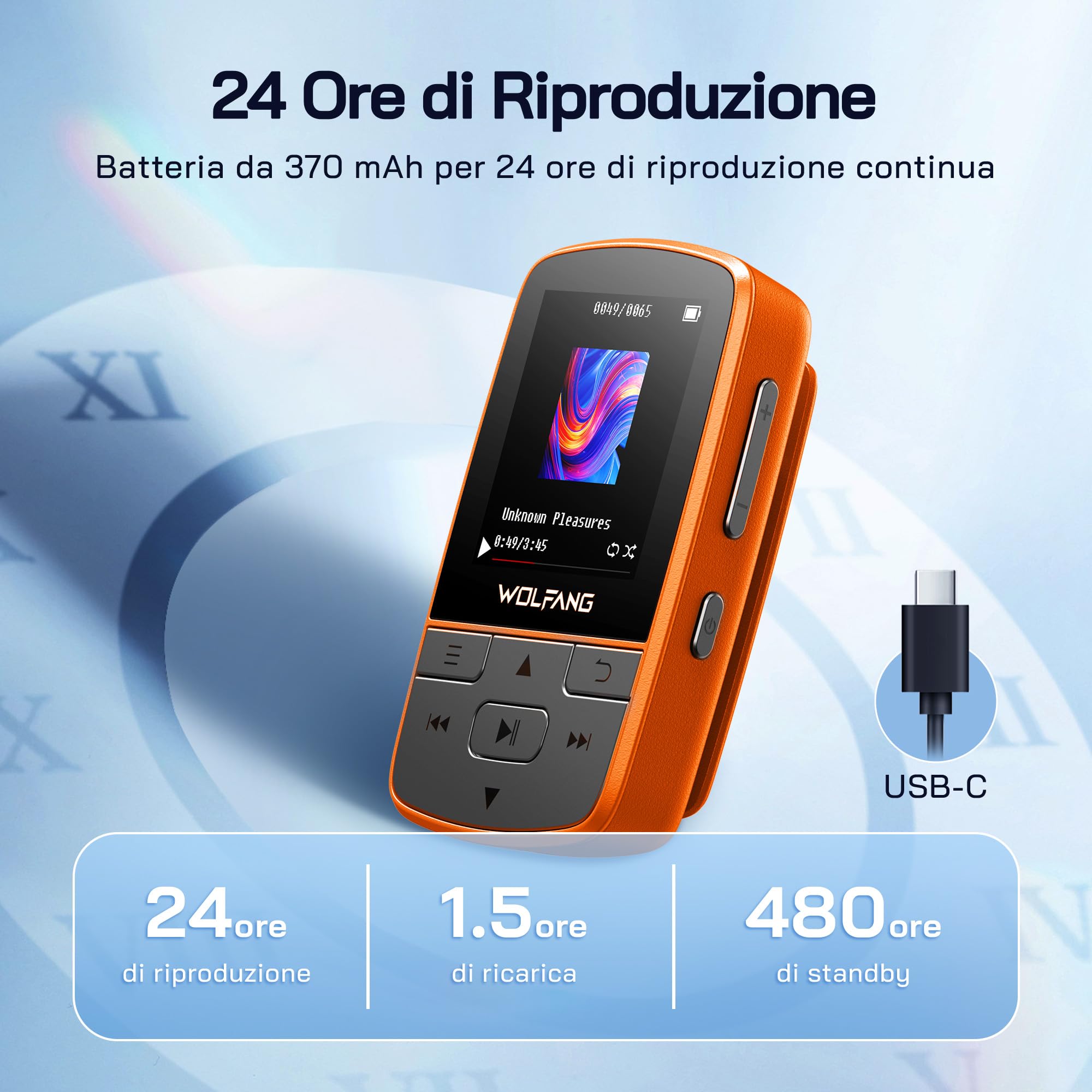 WOLFANG Lettore MP3 con Bluetooth 5.2, clip sportiva, formato mini, peso 28,3 g, radio FM HiF, registratore vocale, auricolari inclusi, arancione