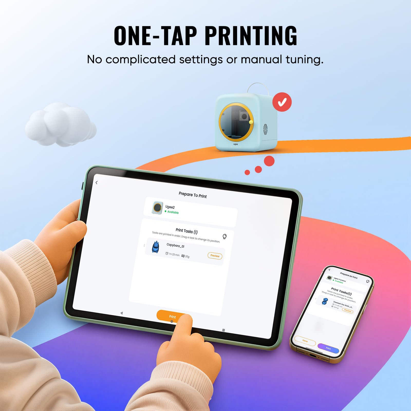 ugee Funbox - Impresora 3D para niños, filtro de aire seguro para el hogar, modelado de voz/fotos IA, impresión de aplicación de un solo toque, antiquemaduras, divertido fabricante educativo para