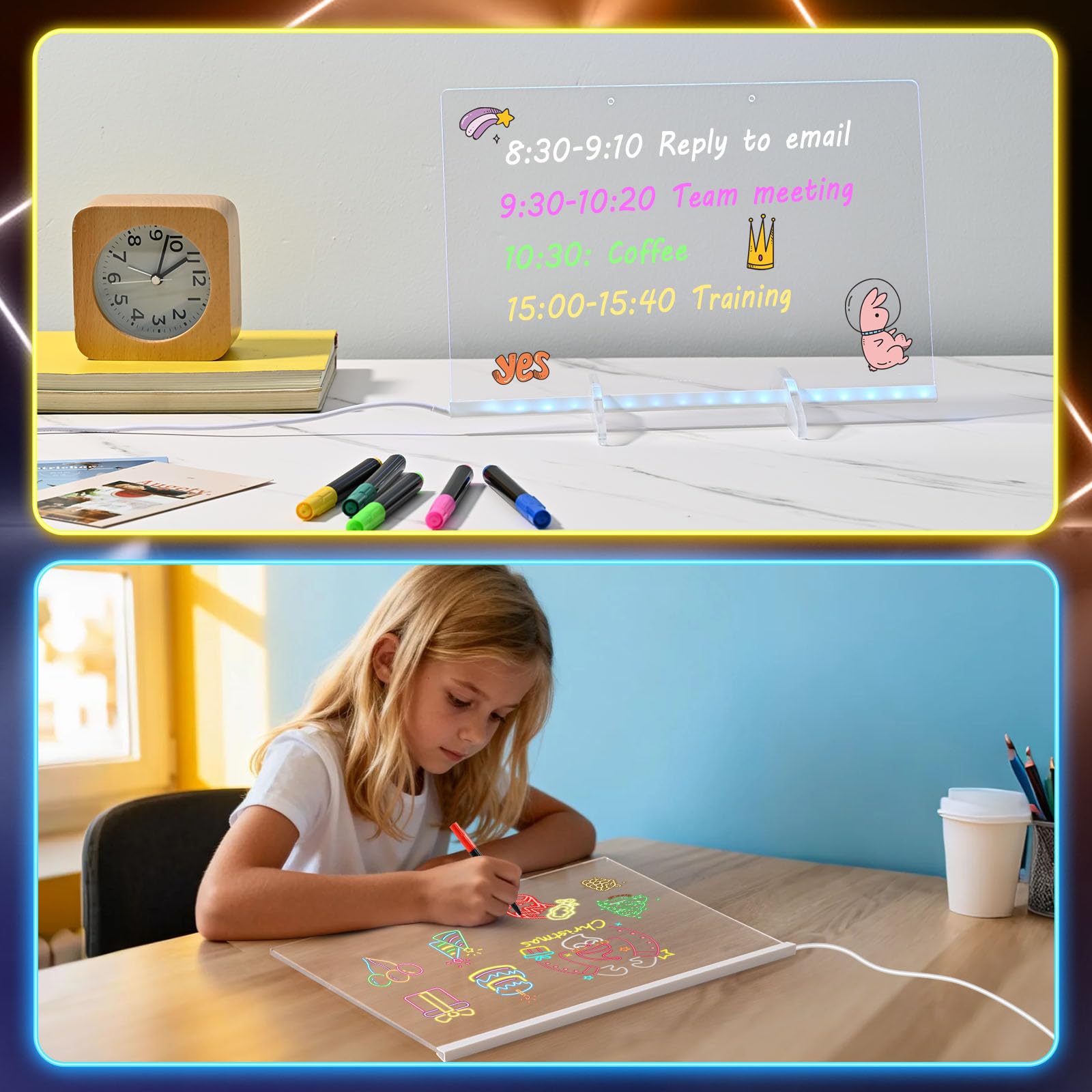 BlueSwan Led Zeichenbrett, Spielzeug für Kinder mit 12 Farben Einstellbar 7 Licht Modi, Komplettset inkl, Ständer & Kette, Abwischbar für Maltafel Zaubertafel, kreatives Geschenk, Memo, Café, Zuhause