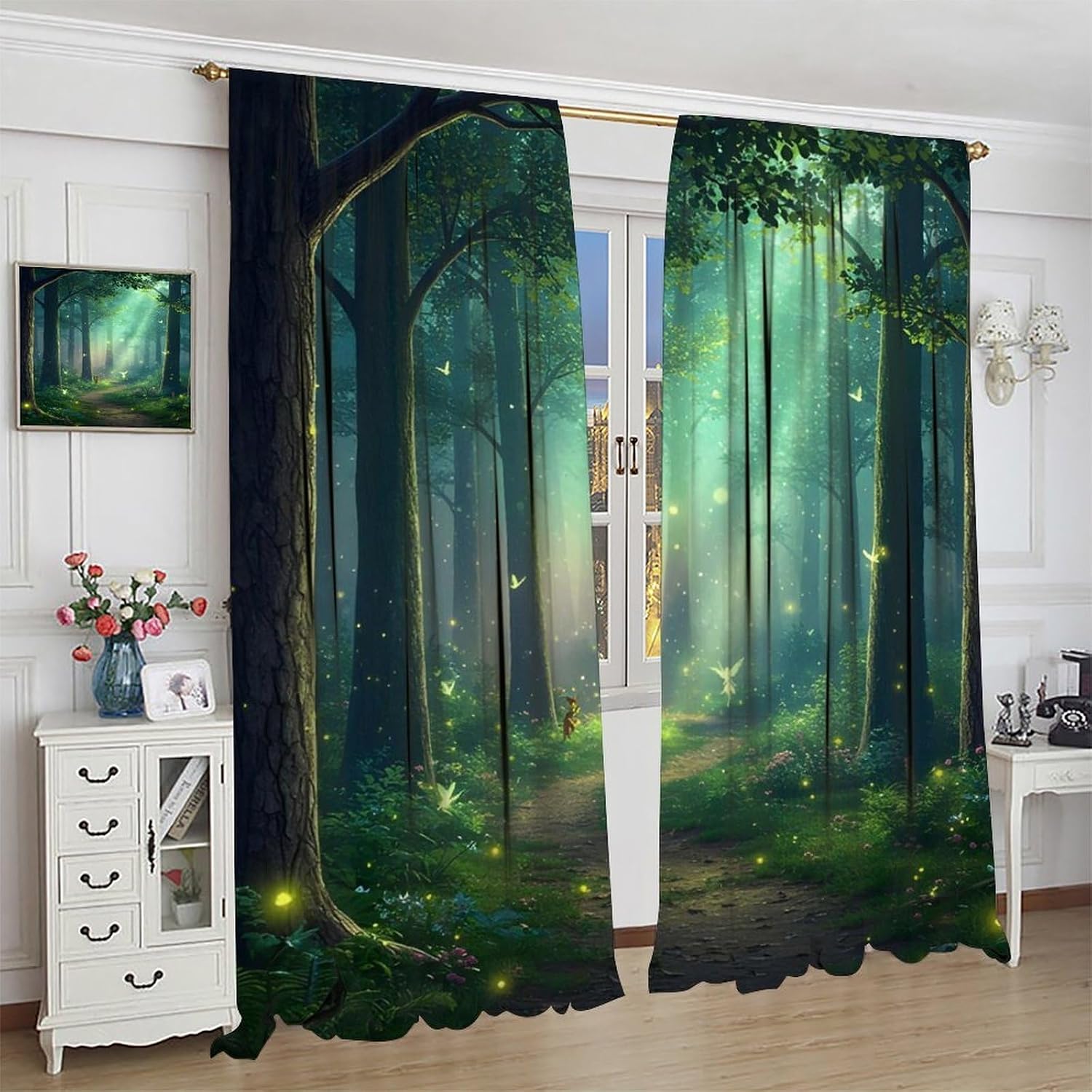 Magical Forest Blackout Curtains, Green Fairy Tale Woodland Buttterfly Sunshine Nature Landscape Window Treatment for Bedroom Living Room Home Decor Drapes, 52" W X 84" L