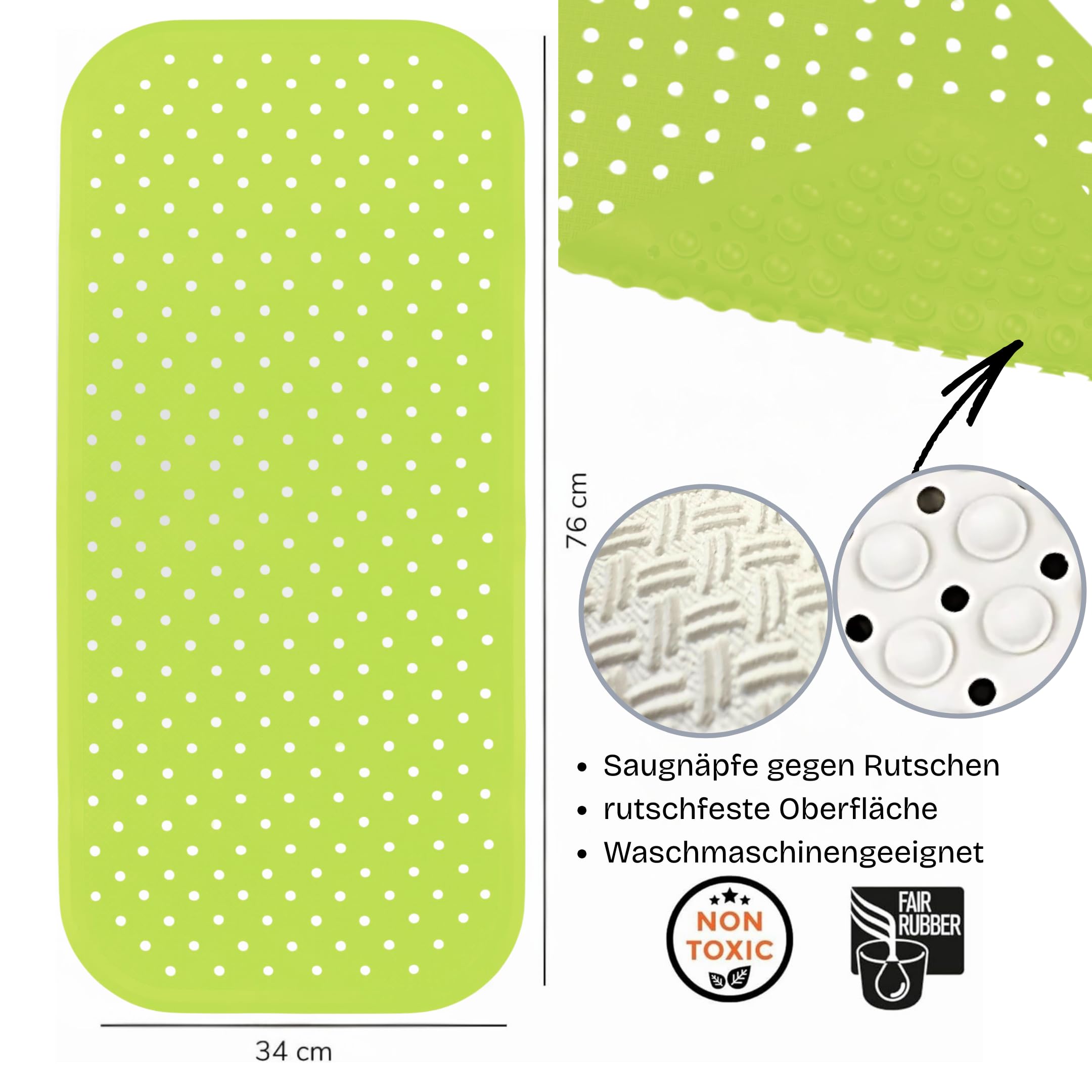 FAIR ZONE Badkuipmat antislip 76 x 34 cm, antislipmat badkuip, plasticvrij, FSC natuurrubber, 100% BPA PVC-vrij, kuipinleg in zwart