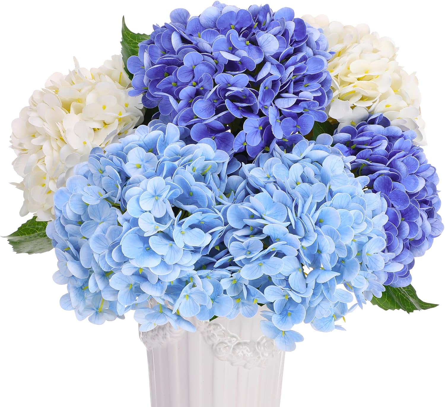 6 pcs Real Touch Hydrangea Artificial Flowers, 20 Inch Blue White Lifelike Fake Hydrangeas Bouquet with Bendable Stems & Leaves for Wedding Centerpieces, Home Decor, Vase Arrangements