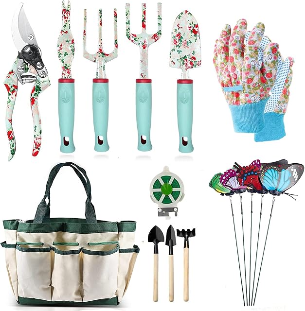 Gardening Tools Set12 Piece Floral Garden Hand Tool Gift Kits Gardening Gifts for Women & Men, with Pruning Shears & X-Large Handle Storage ToteHeavy Duty Gardening Tools