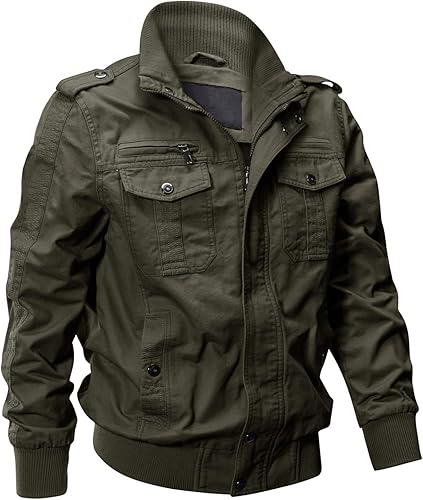 EKLENTSON - Chaquetas militares de algodón ligero con múltiples bolsillos con cremallera y cuello alto para hombre