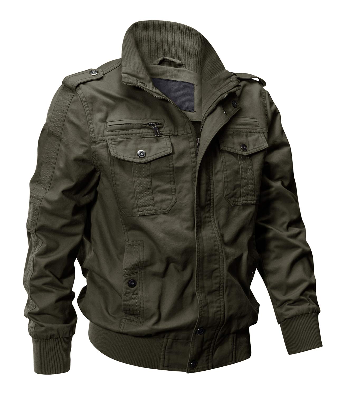 EKLENTSON Mens Cotton Lightweight Multi Pockets Zip Front Stand Collar Military Jackets Windbreaker