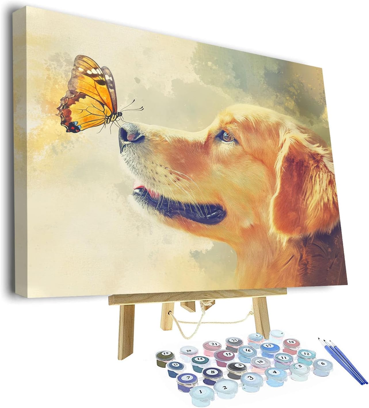 TUMOVO Paint by Numbers Kit for Adults - Cute Golden Retriever Dog with Butterfly on Nose, Heartwarming Pet Art Painting by Numbers for Beginners, DIY Animal Canvas - 16x20 Inch(Framed)