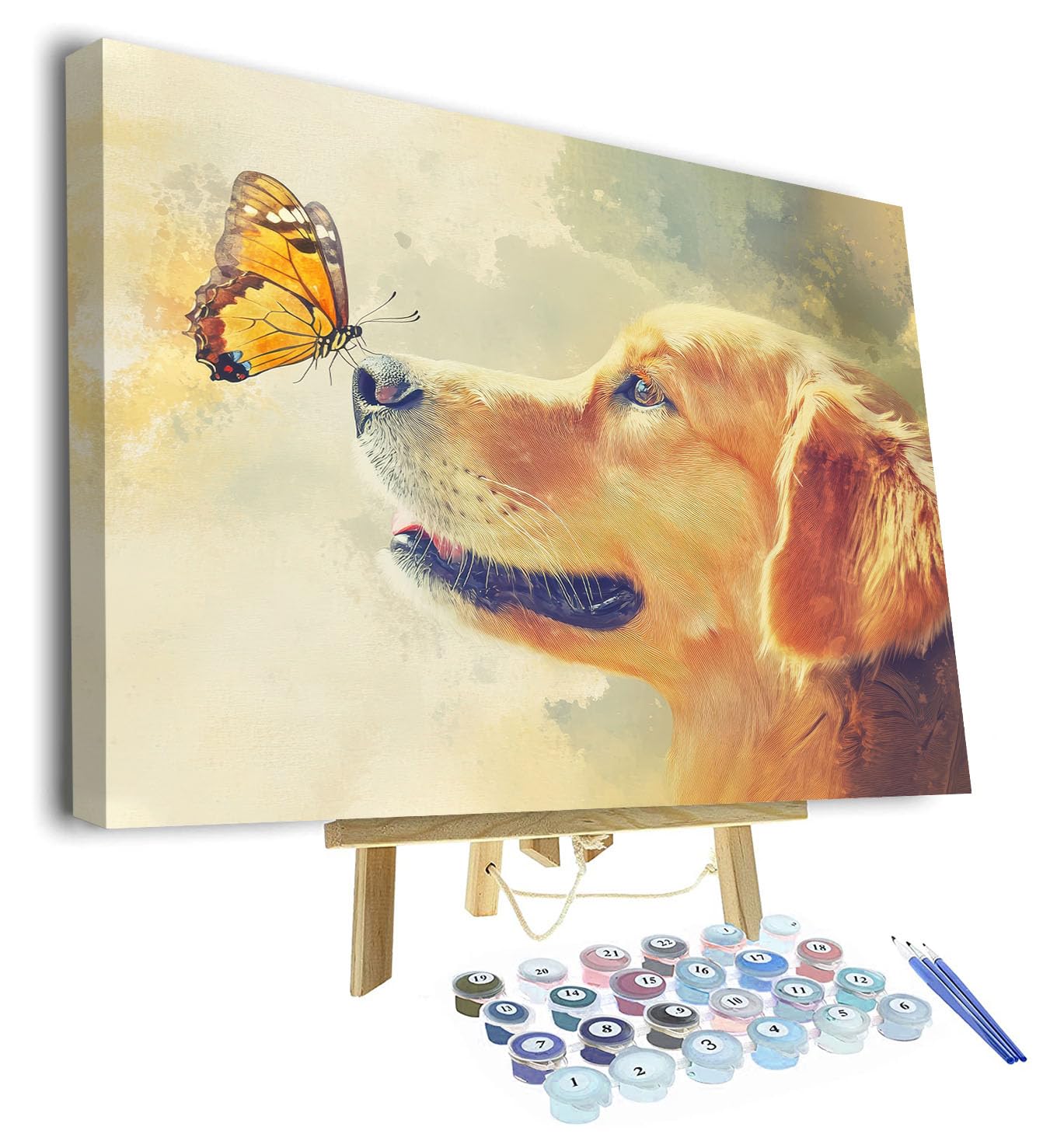 TISHIRON Paint by Numbers Kit for Adults - Cute Golden Retriever Dog with Butterfly on Nose, Heartwarming Pet Art Painting by Numbers for Beginners, DIY Animal Canvas, 16x20 Inch(Framed)