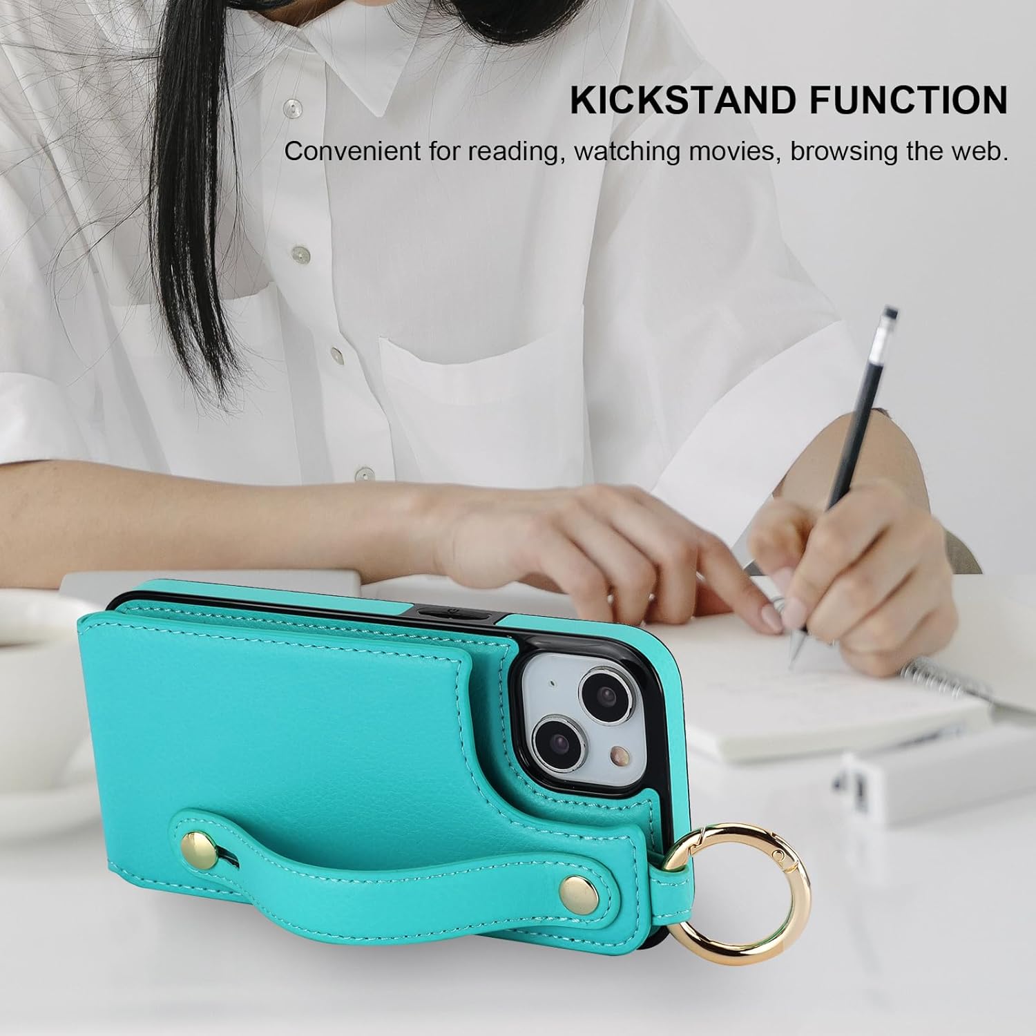 Folosu for iPhone 13/14 Wallet Case with Card Holder, Hand Wrist Strap Loop Holder Kickstand, RFID Blocking Finger Grip Ring PU Leather Double Buttons Shockproof Cover 6.1" Green - Image 6