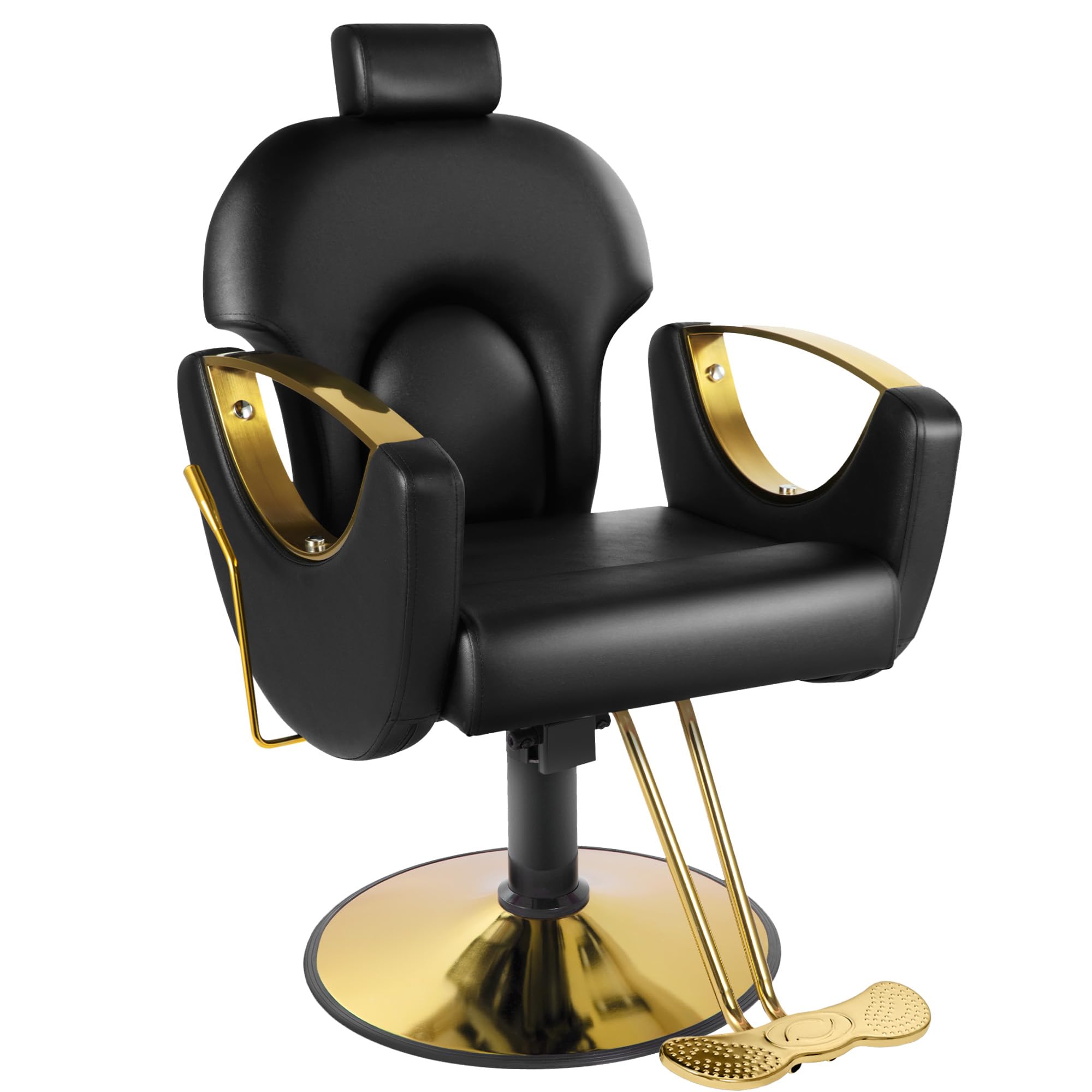 Halamine Barber Chair Reclining Salon Chair for Hair Stylist, Reclining 360° Swivel Adjustable Headrest Hydraulic Hair Armchair for Hairdressers Black Gold
