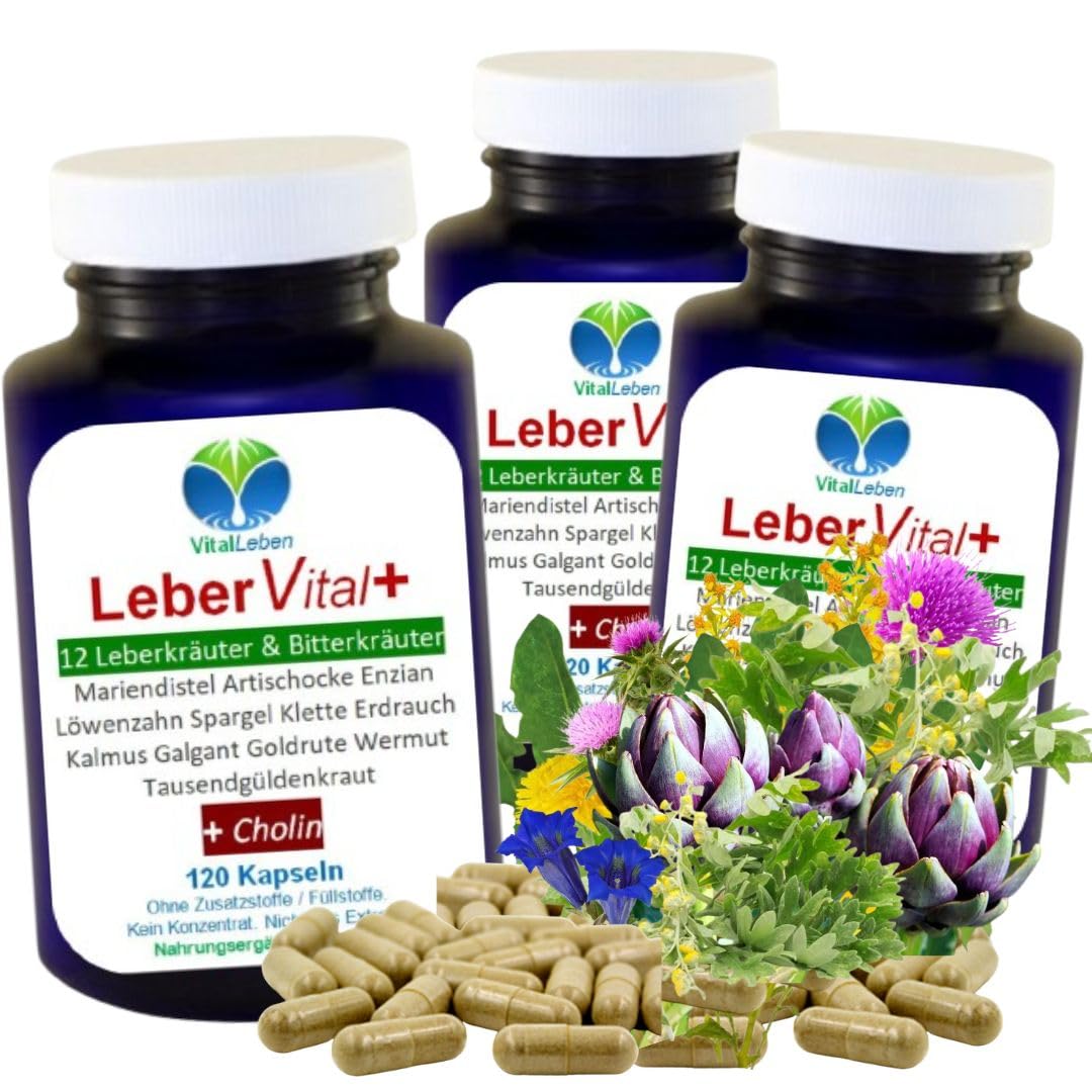 LEBER Vital Komplex Leberkapseln 3x120 Kapseln 12 Kräuter & Bitterstoffe mit Löwenzahn, Artischocke, Mariendistel + CHOLIN für normale LEBERFUNKTIONEN & FETTSTOFFWECHSEL. OHNE ZUSATZSTOFFE 26454-3