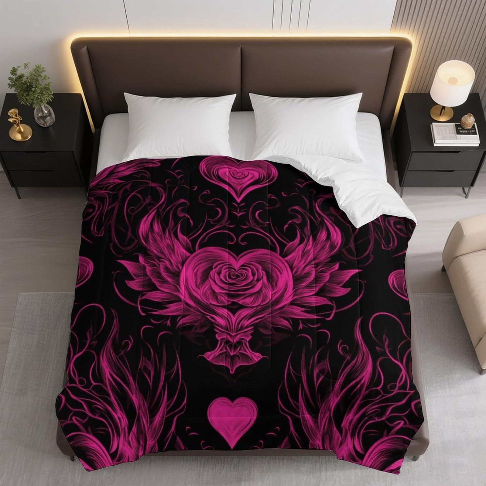 Pink Hearts Wings Rose Comforter Bedding Heavy Bed Blanket Soft Warm Fluffy All Seasons Only Quilt 173x229cm