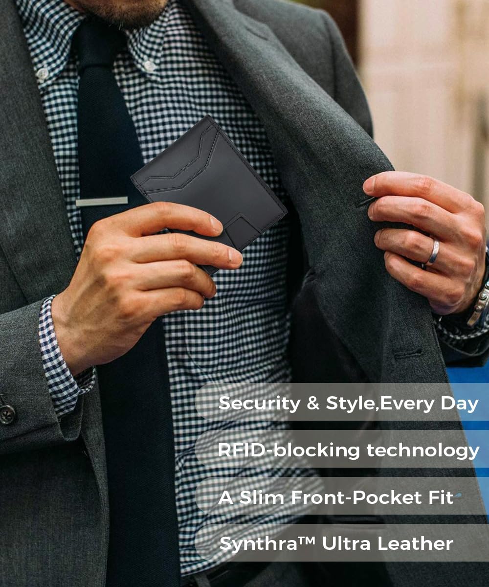 Slim RFID Blocking Wallets for Men Synthra™ Ultra Leather Bifold Minimalist Wallet 11 Cord Holder Thin Mens Wallet with Gift Box (Black+Black) - Image 6