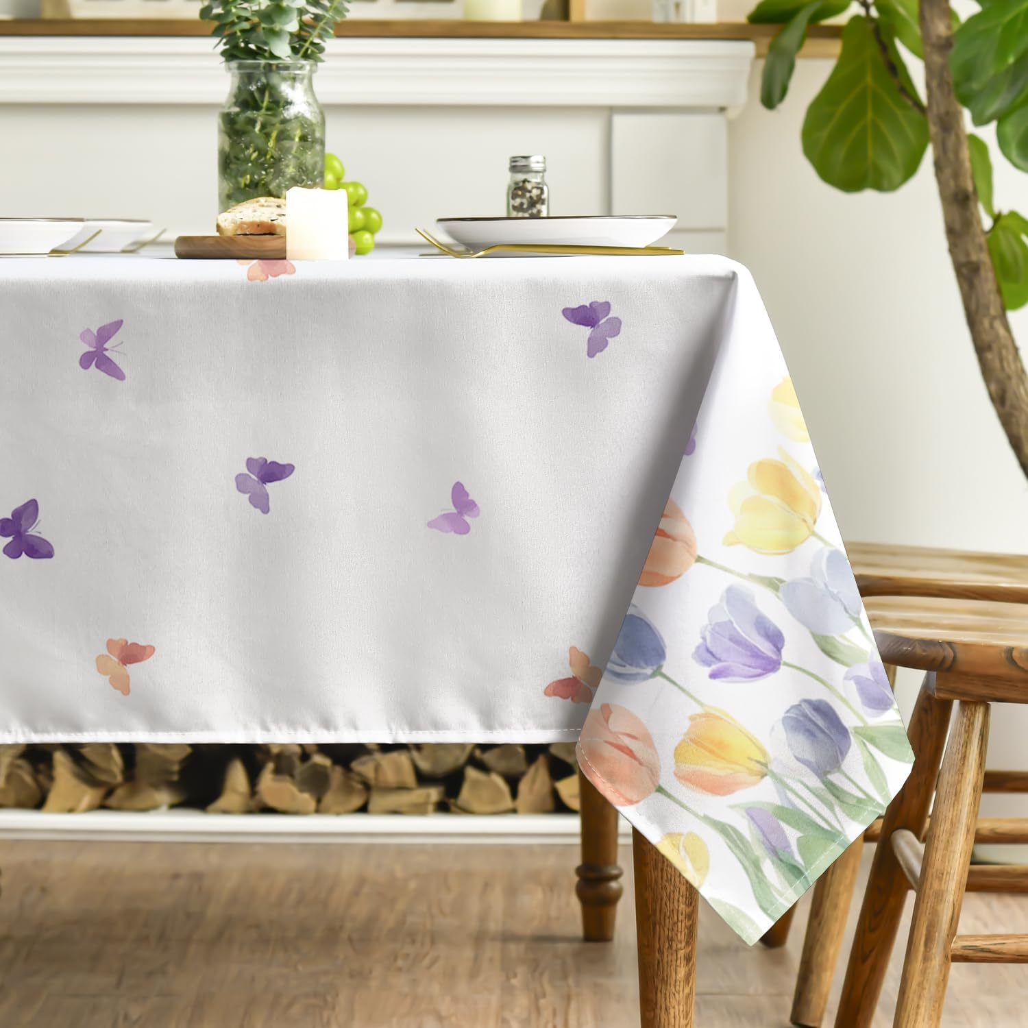Horaldaily Spring Tablecloth 60×84 Inch Rectangular, Green Plaid Wildflower Cloud Daisy Butterfly Washable Seasonal Table Cover for Party Picnic Dinner Decor - Image 3
