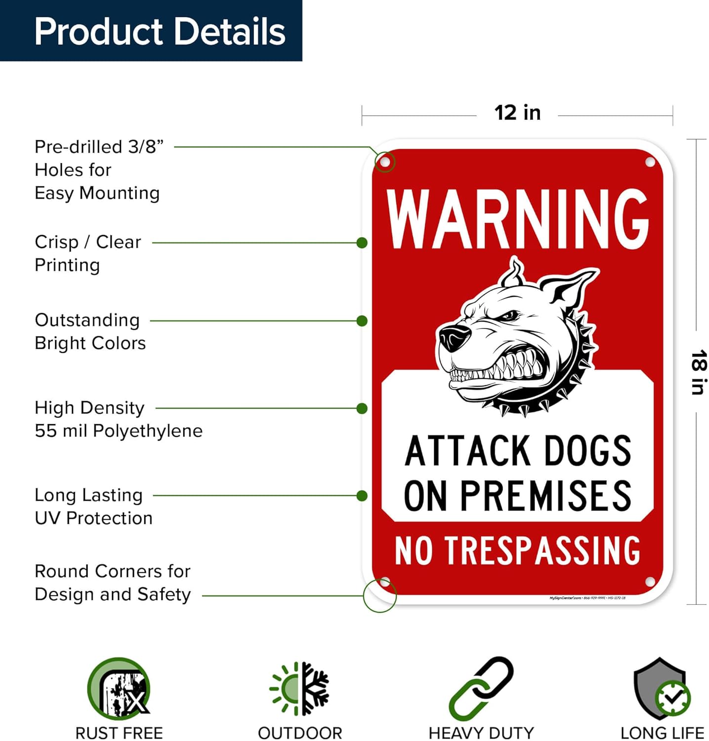 Warning Attack Dogs On Premises No Trespassing Sign, 12"x18" Polyethylene, Indoor/Outdoor Use, USA MADE By My Sign Center