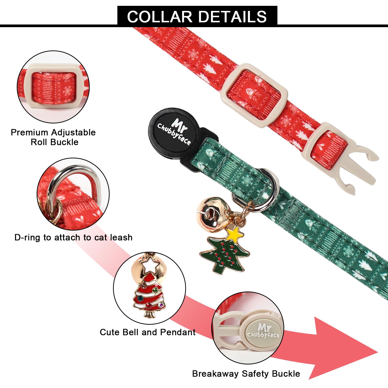 Paquete de 2 collares de gato, bonito collar de gato de Navidad rojo y verde con campana y colgante, collar de seguridad ajustable suave para gatos hembras y machos