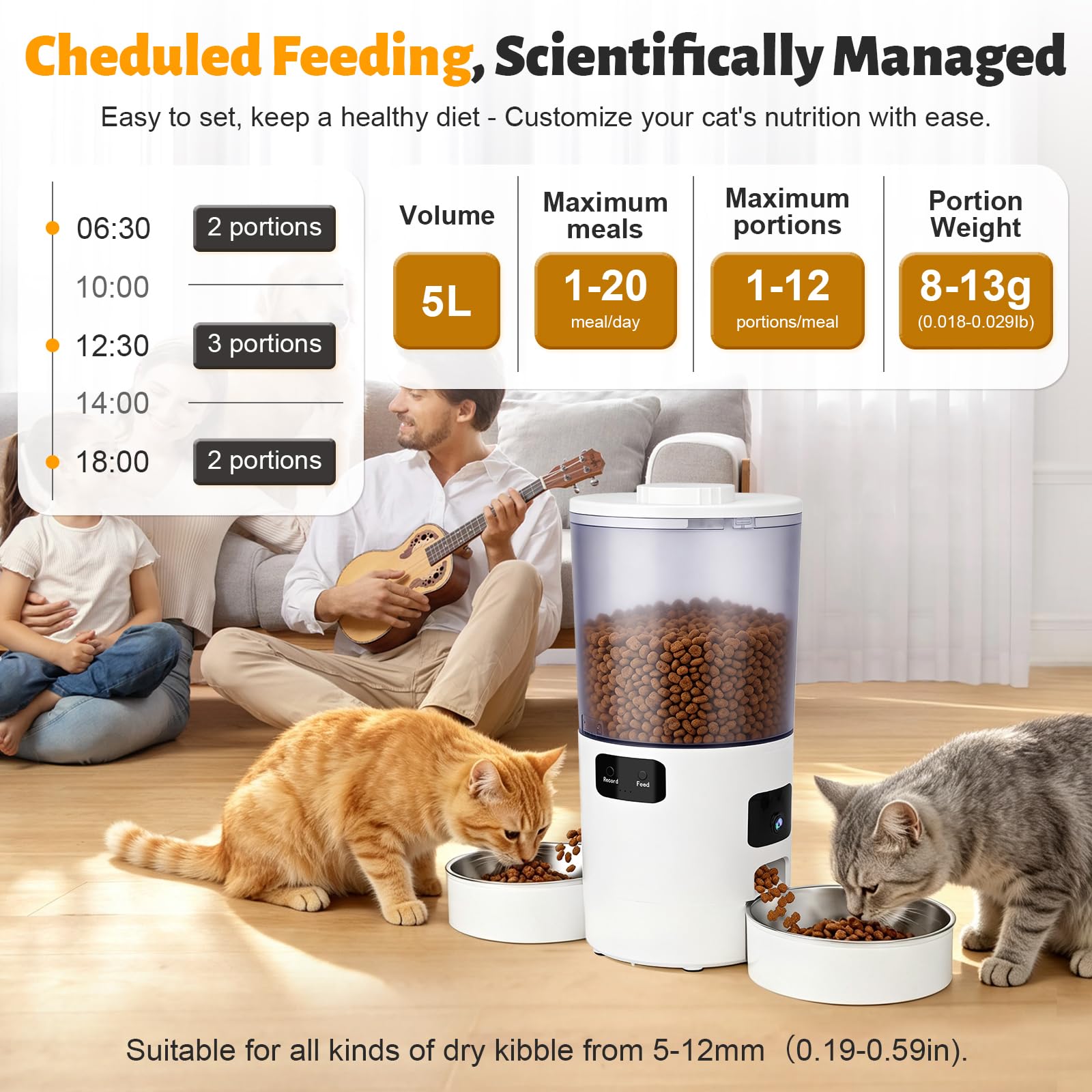 Podazz Comedero automático para gatos con doble cuenco, capacidad de 5 litros, 2 cámaras, WiFi, para 2 gatos o perros pequeños, control de aplicación de 2,4 GHz y 5 GHz, 20 comidas al día, porciones