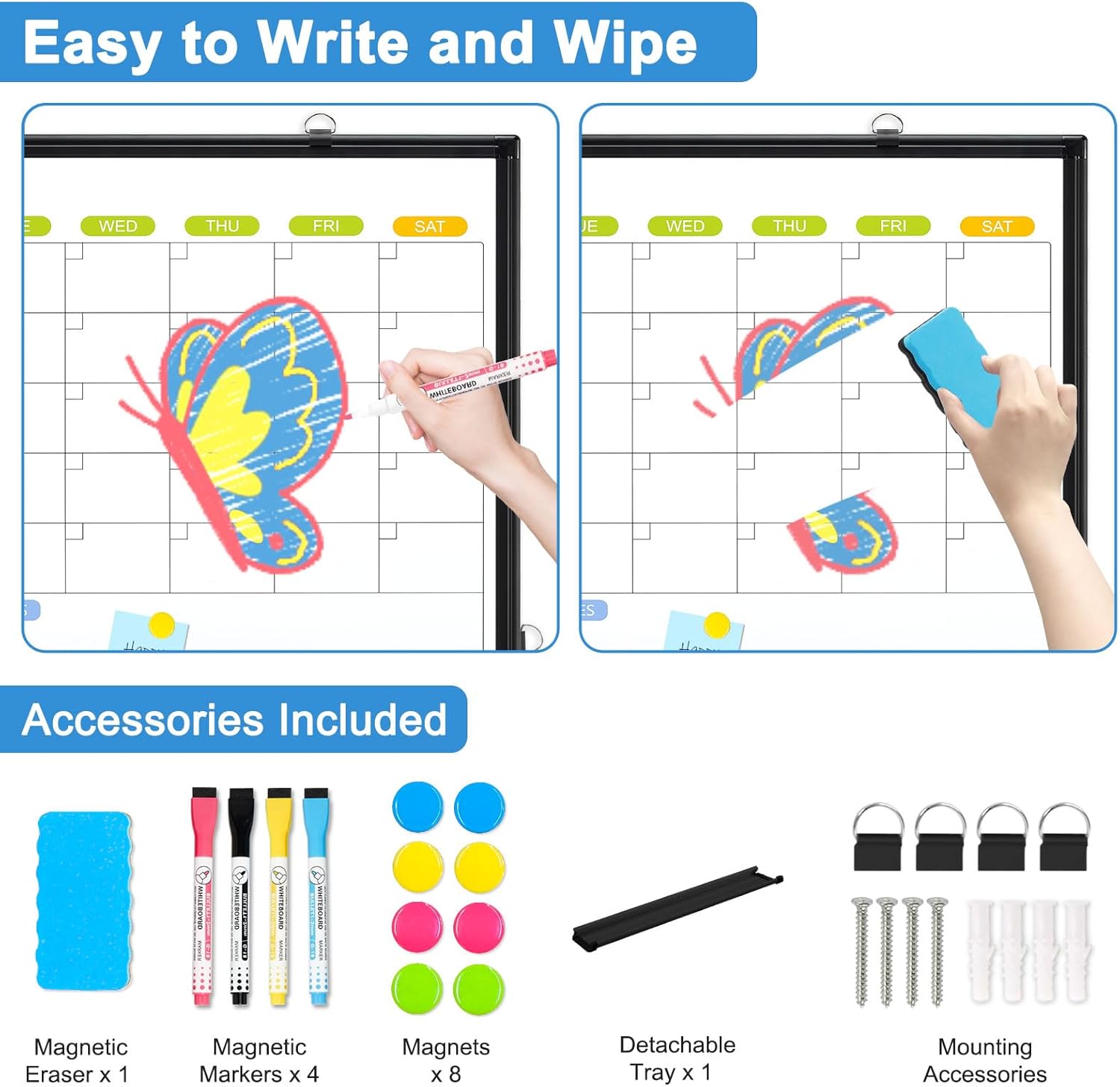 Dry Erase Calendar Whiteboard for Wall, WALGLASS 36 x 24 Magnetic White Board, Monthly Dry Erase Calendar with Silver Aluminum Frame, Double-Sided Hanging Portable Board for Office, Home, School