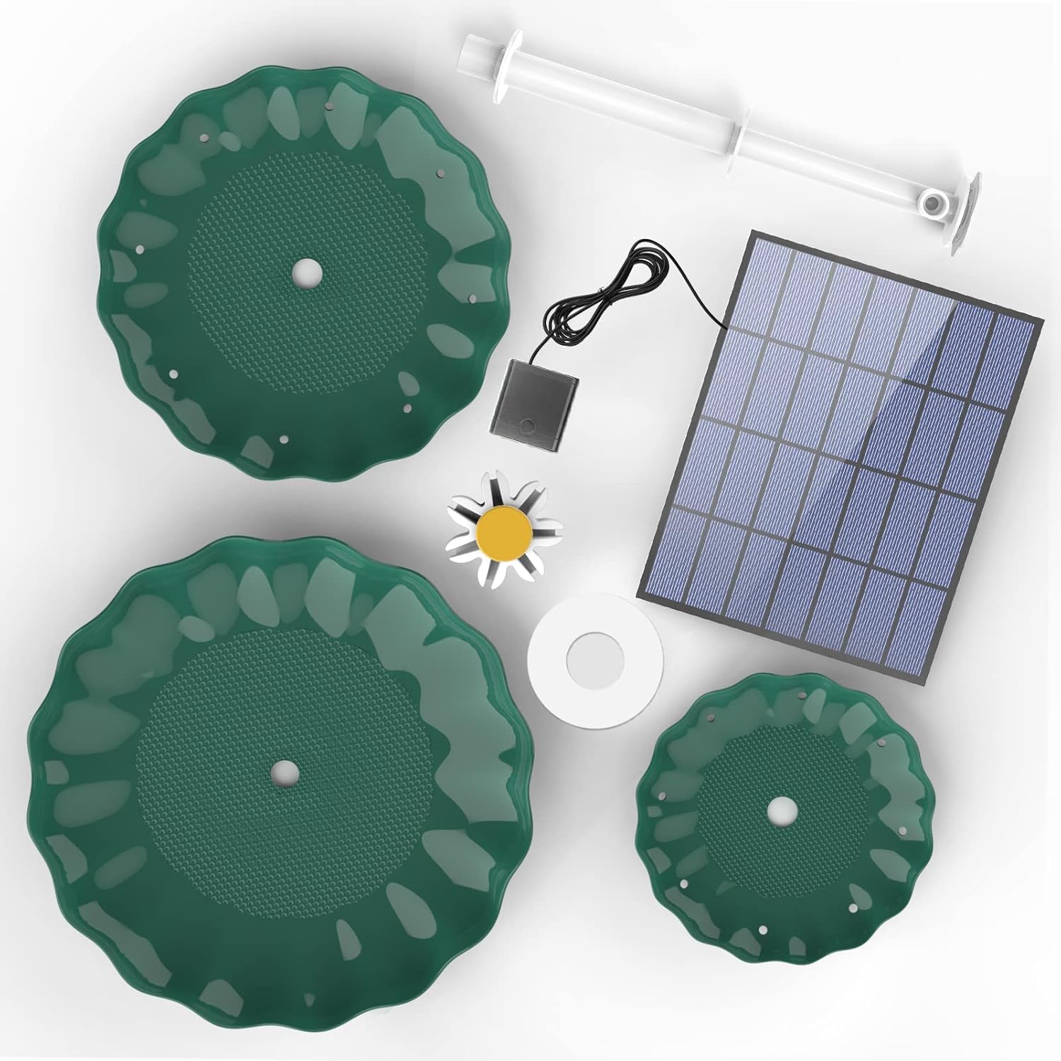 AISITIN DIY Brunnen,Vogeltränke Sets mit 3,5W Solar Springbrunnen, 3 Stufige Vogelfütterer für Draußen,Vogelbad und DIY Solarbrunnen Abnehmbar und Geeignet für Garten,Wasserspiel(Dunkelgrün)