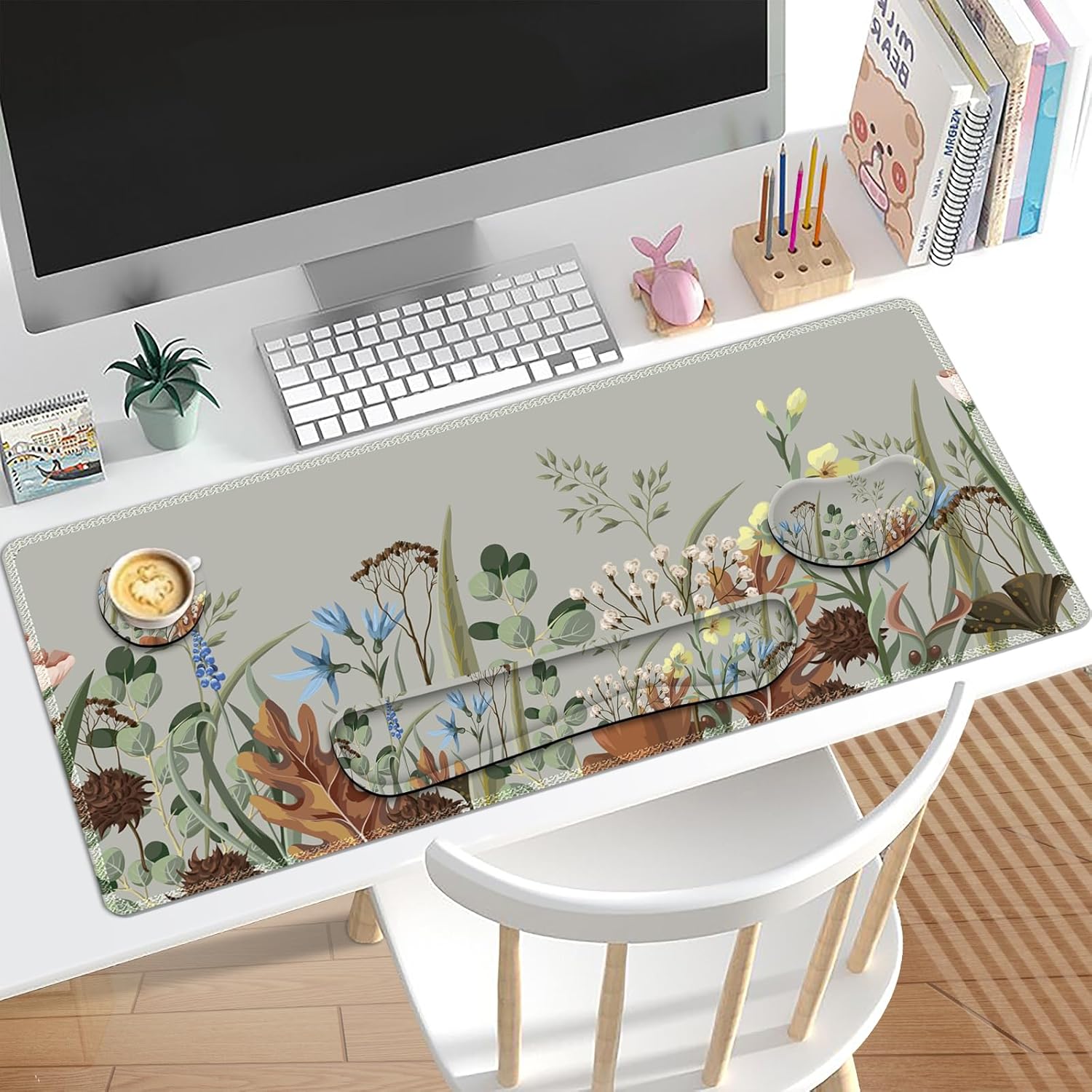 Keyboard Mouse Pad Set, Extended Gaming Mouse Pad +Keyboard Wrist Support +Mouse Wrist Rest +Coaster, 35.4x15.7 in XXL Large Ergonomic Desk Mat 4in1 Set for Home Office, Plant Flowers - Image 2