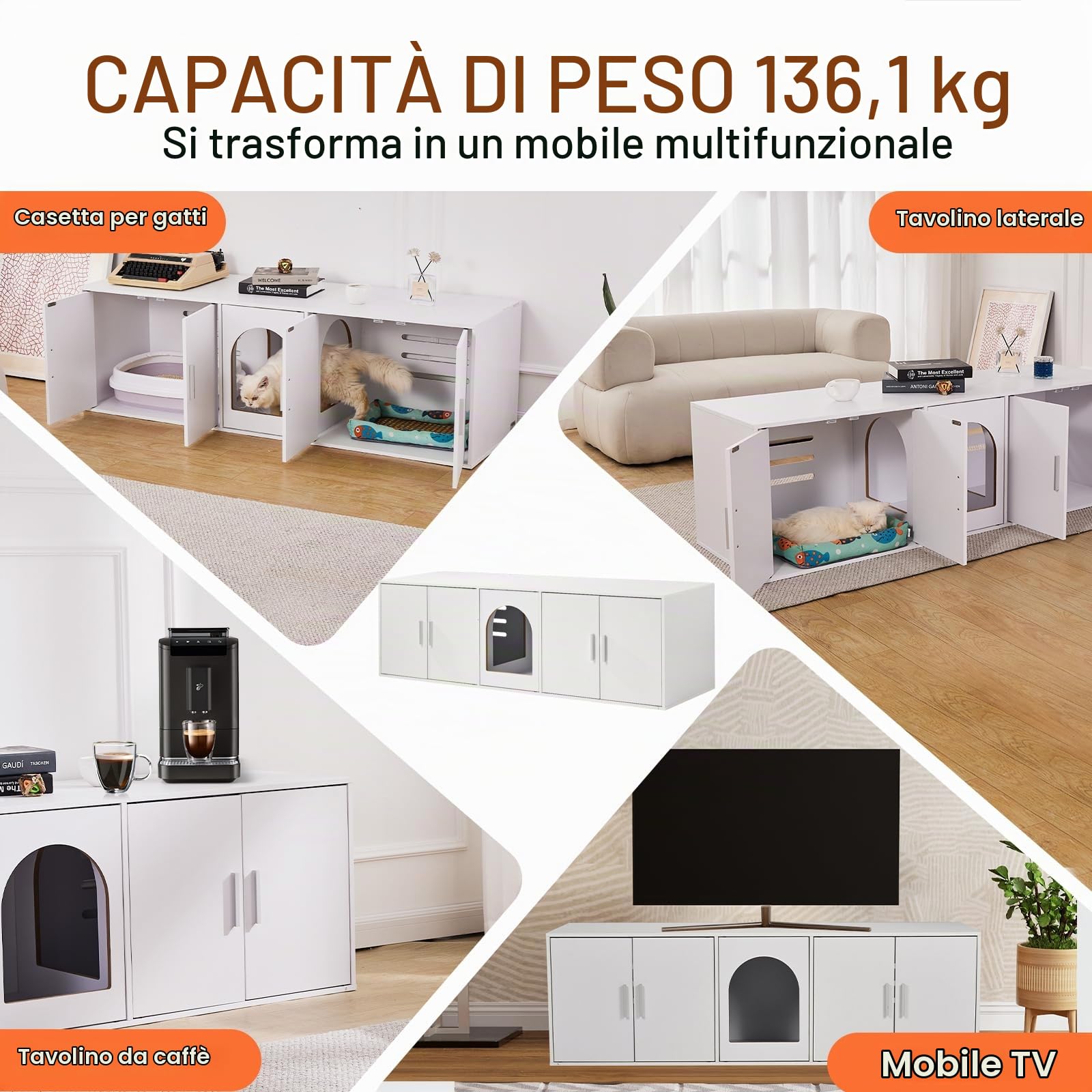 VEVOR Copertura per Lettiera per 2 Gatti, Toilette con Camere Doppie, Armadietto in Legno, Mobiletto per Soggiorno Copri Lettiera 1,47x0,46x0,45 m, Bianco