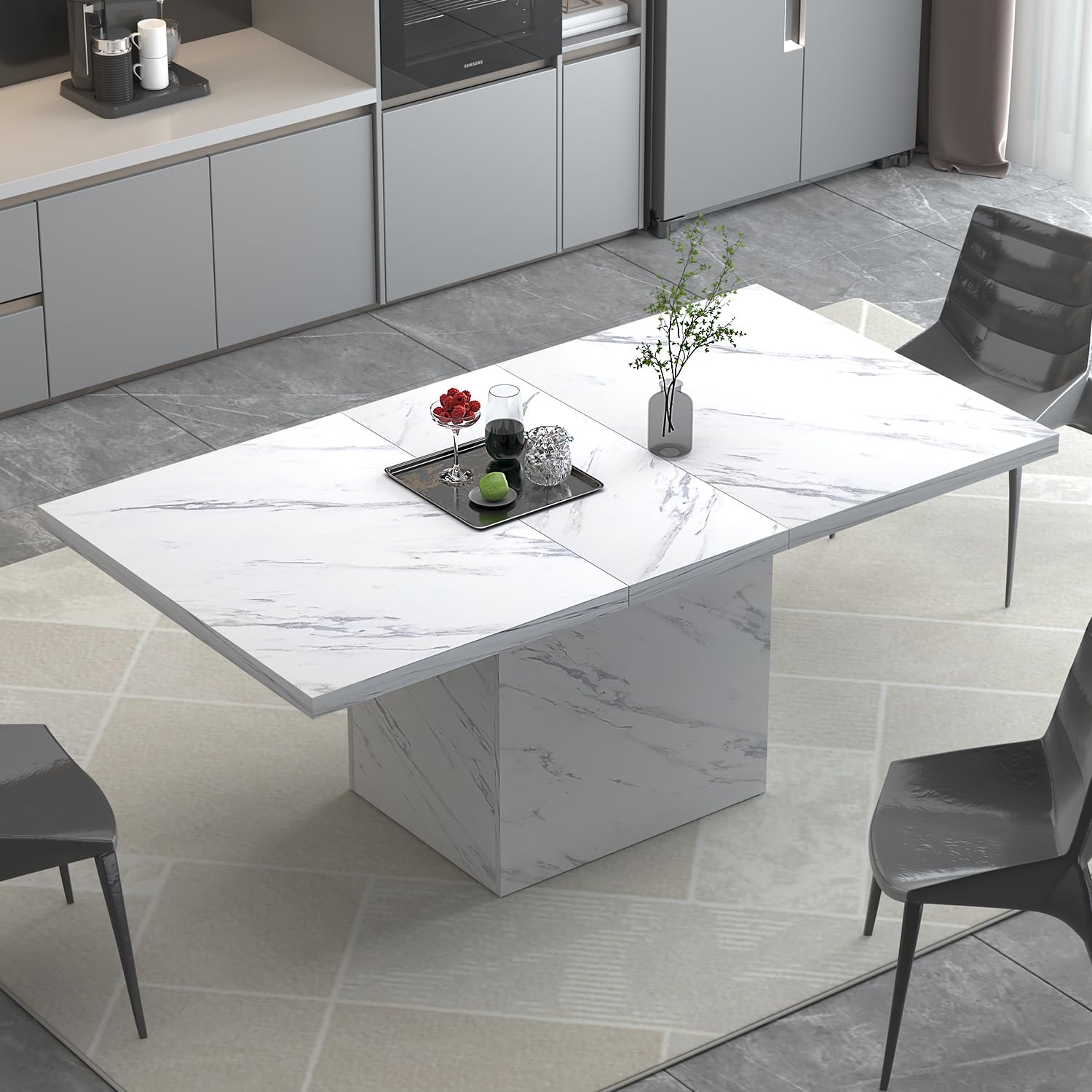 HSH 55 inch Dining Table for 4, Modern White Faux Marble Dining Room Table, Rectanglur Kitchen Table with Heavy Duty Pedestal, Wooden Eating Dinner Desk for Home,Living Room, White Marble, 55 Inch