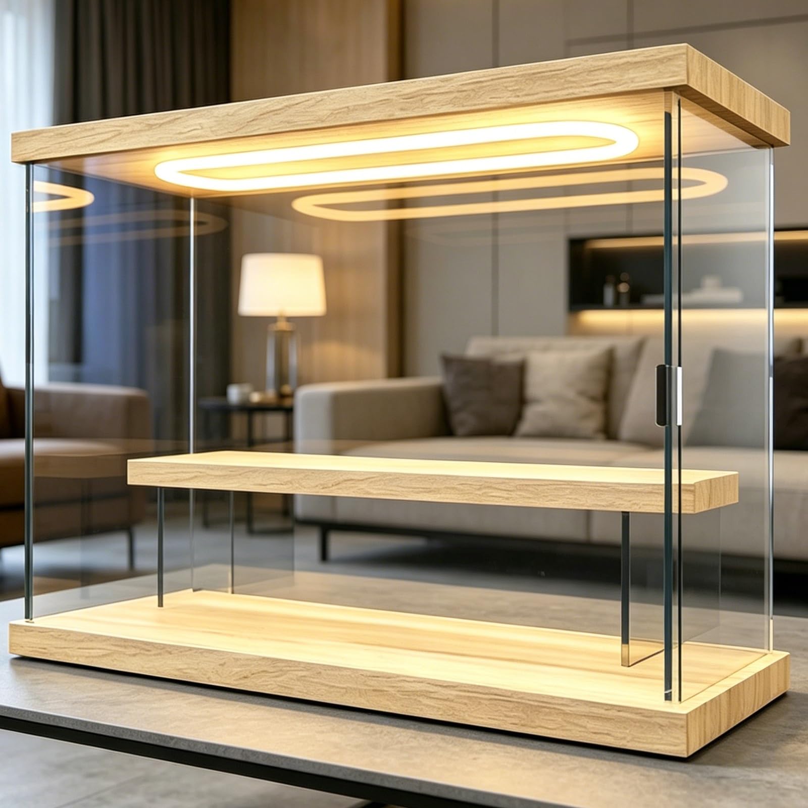 Acrylic Cases for Collectibles with Wooden Shelf/ LED Light, Transparent Display Cube for Figurines/ Model Ship/ Memorabilia, Dustproof Protection Showcase(320x120x225mm/13x5x9inches)