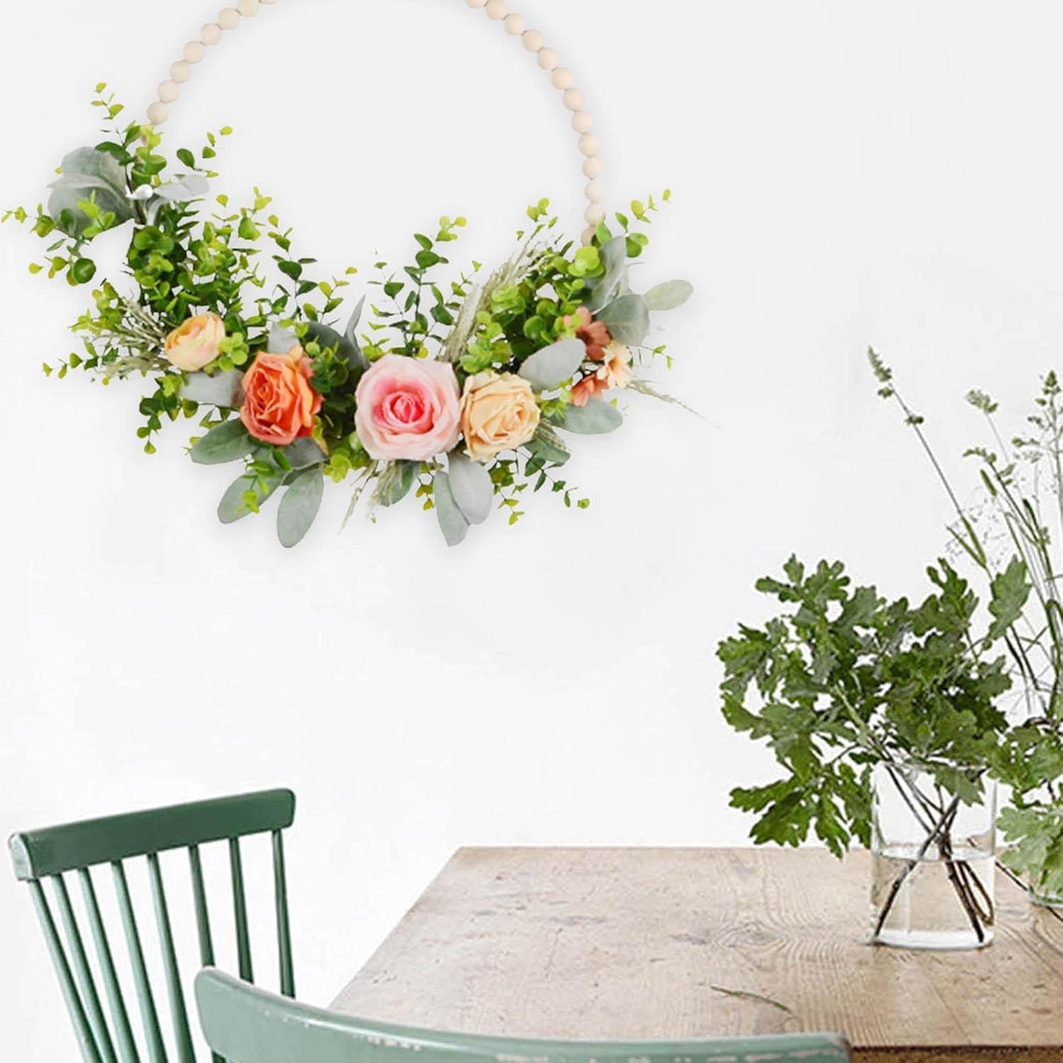 Artificial Wood Bead Wreath, Hanging Garland Front Door Hydrangea Hoop for Home, Rose