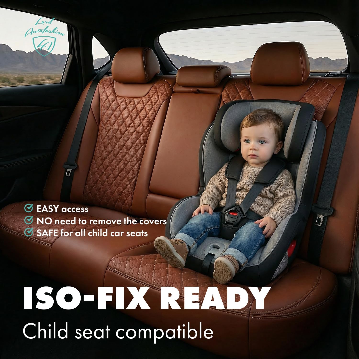 Lord AutoFashion Toyota Tacoma Seat Covers 2016-2023 Byron Classic Diamond Custom Fit Waterproof Eco Leather 3D Design Airbag Compatible Full Set Front Rear Truck Seat Protector Easy Install - Brown